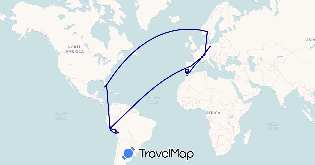 TravelMap itinerary: driving in Switzerland, Germany, Spain, Morocco, Norway, Peru, United States (Africa, Europe, North America, South America)